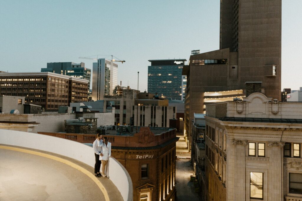 Rooftop Engagement Session in Winnipeg Manitoba, Winnipeg Engagement Session Locations, Downtown Winnipeg Engagement Session