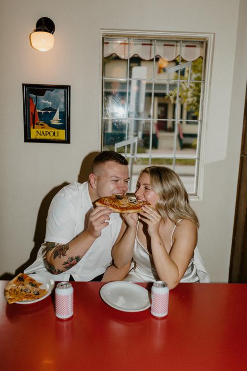 Shorty's Pizza Winnipeg, Winnipeg engagement session ideas, canadian wedding photographer, film inspired pizza shop engagement shoot